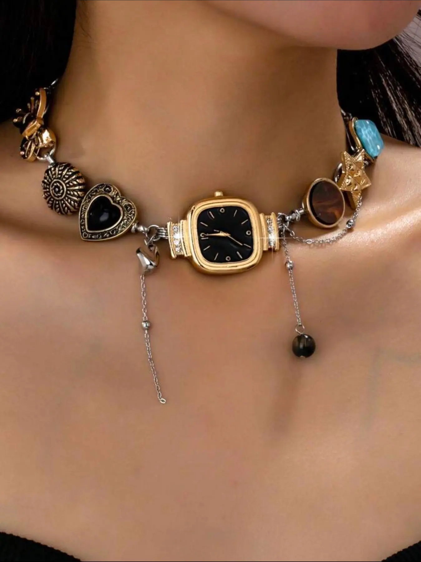 Y2K Style Multi-Element Necklace with Watch/heart/star/butterfly Charms, Chain Necklaces, Trendy Charm Necklaces, Fashionable Charm Necklace for Women, Ideal Valentine's Day Gift