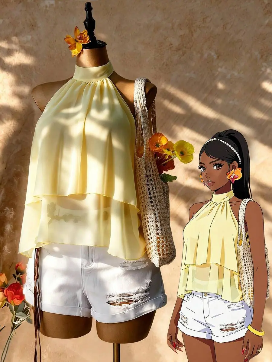 Ember x Femesol Burnt Orange,Summer,Elegant,Tropical,Holiday,Vacation,Holiday Yellow Halter Neck Tie Blouse,Ruffle Hem A-Line Shirt,Backless Casual Office Shirt