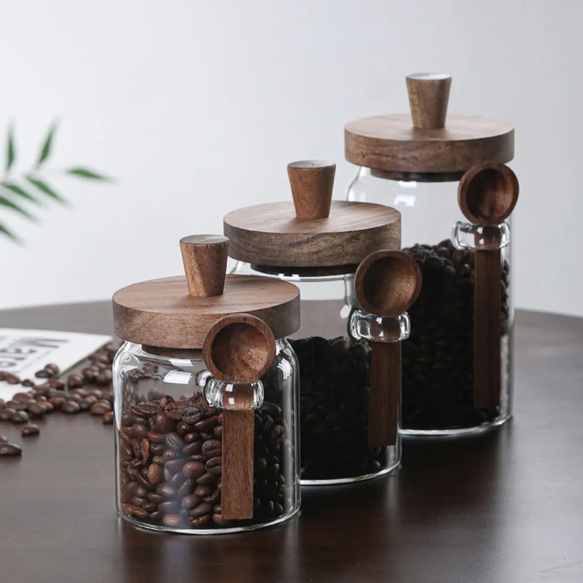 3-Piece Sturdy Glass Airtight Hermetic Lidded Cannister Jars Set with Bamboo Lids & Silicone Spoons, Decorative Leak-Proof Pantry Storage Containers for Coffee, Tea, Sugar, Countertop Organization & Food Freshness Maintenance