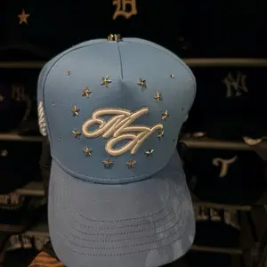 MOMM HATS-Sky Blue Star Studded Script Cap Premium Streetwear Adjustable Hat with Gold Studs and Embroidered Logo