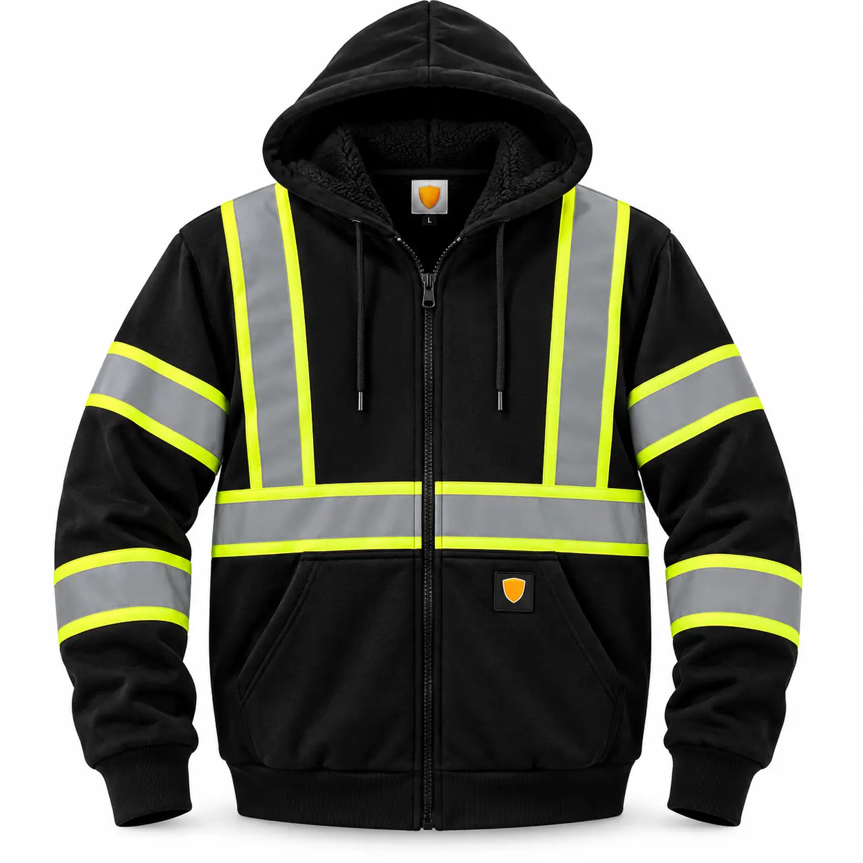 Men's Black High Visibility Reflective WORK SAFETY ZIP UP Hoodie ANSI/ISEA 107 Class 3 Compliant Front Zipper Cold Weather Long Sleeve Pullover Casual Wear