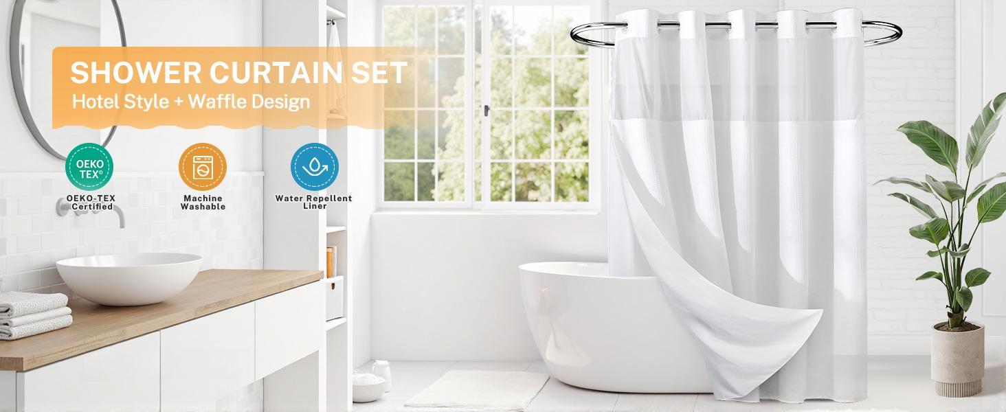 【2026】71W x 75H Heavyweight No Hooks Required Dotted Waffle Weave Shower Curtain with Snap in Liner，Bathroom Curtains Shower Set,Hotel Grade,Spa Like Bath Curtain,White
