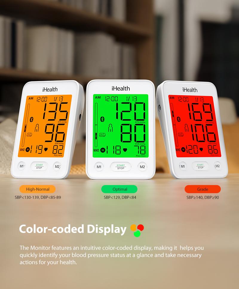 iHealth Bluetooth Blood Pressure Monitor with Large Cuff & Color-Coded Display, Dual Users 2*120 Readings, Automatica Upper Arm Blood Pressure Machine with Cloud Storage & Body Movement Detection, Portable Healthcare Kit