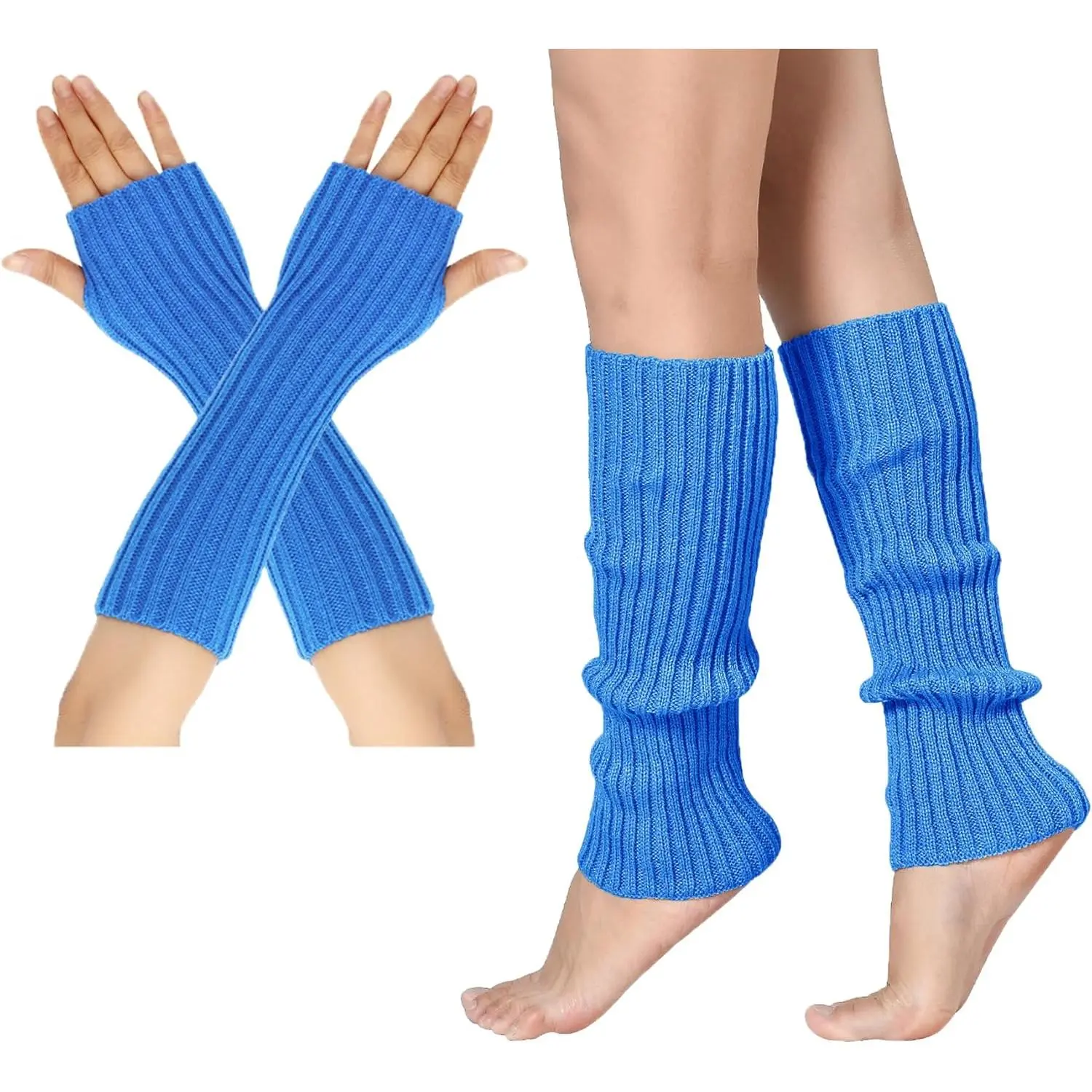 Women's Ribbed Acrylic Knit Arm and Leg Warmer Set Black - 80s Look Fingerless Gloves Matching Accessories for Dance & Yoga, Breathable Sports Socks & Outdoor Accessories, Dancing, House, Daughter, Wife, Arm Sleeves, Holidays, Thoughtful Gift, Adjustable,
