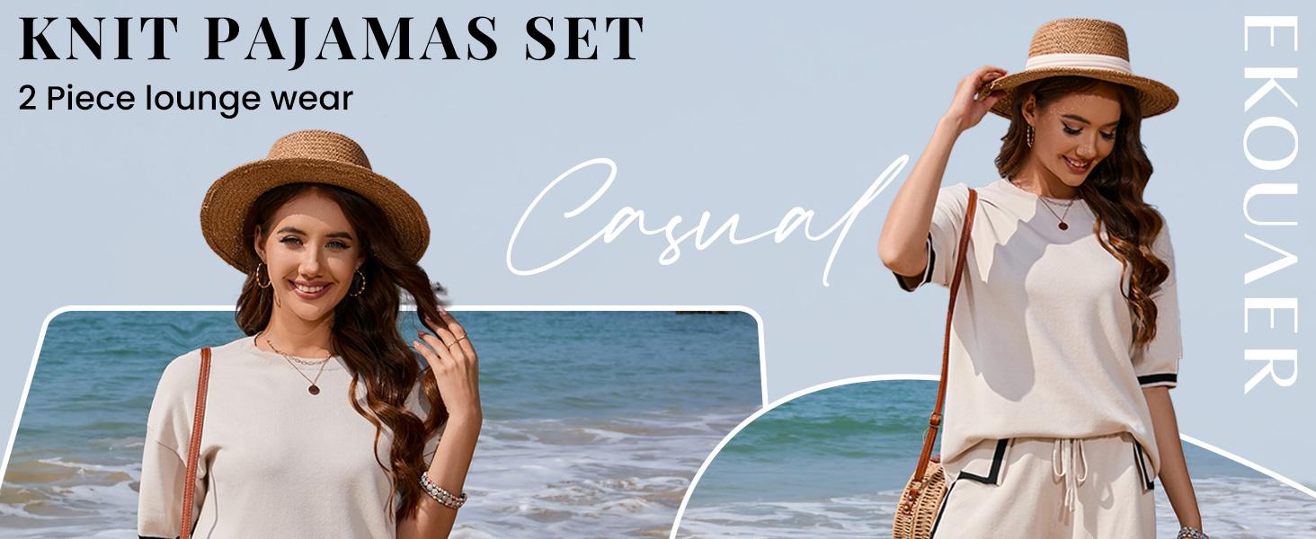 Ekouaer women's 2-piece knitted round neck short sleeved top with drawstring shorts set, 2-piece casual home wear