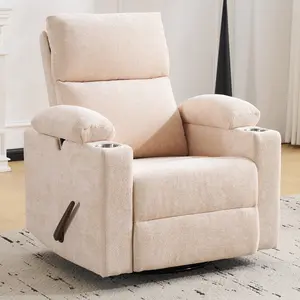 Swivel Recliner with Adjustable Armrests, Rocking Nursery Chair with Adjustable Headrest, Cup Holder, Manual Rocker Recliner Nursing Chair for Breastfeeding, Chenille Beige