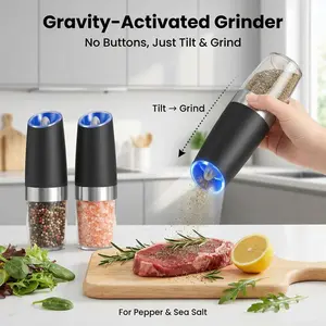 【2-pack】Gravity Electric Salt and Pepper Grinder Set Automatic Salt and Pepper Grinder Set with LED Light, Battery Operated, Adjustable Coarseness, Large Capacity, for Home Kitchen BBQ
