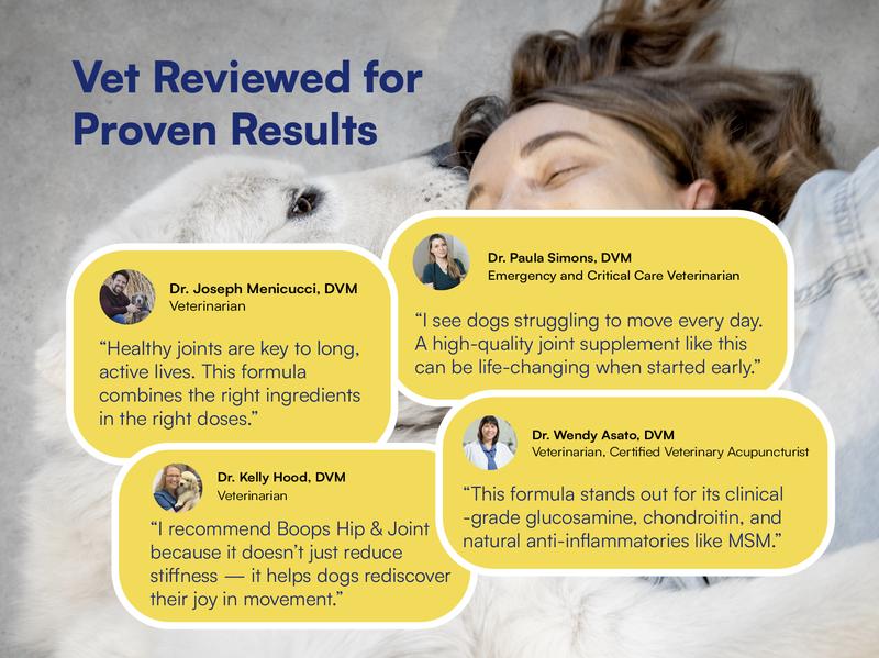 Boops Pets Advanced Hip & Joint Soft Chews - 90 soft chews - Glucosamine, MSM, Chondroitin, Green Lipped Mussel, Hyaluronic Acid - Made in the USA with Real Pasture-Raised Chicken and Real Wholefood Ingredients