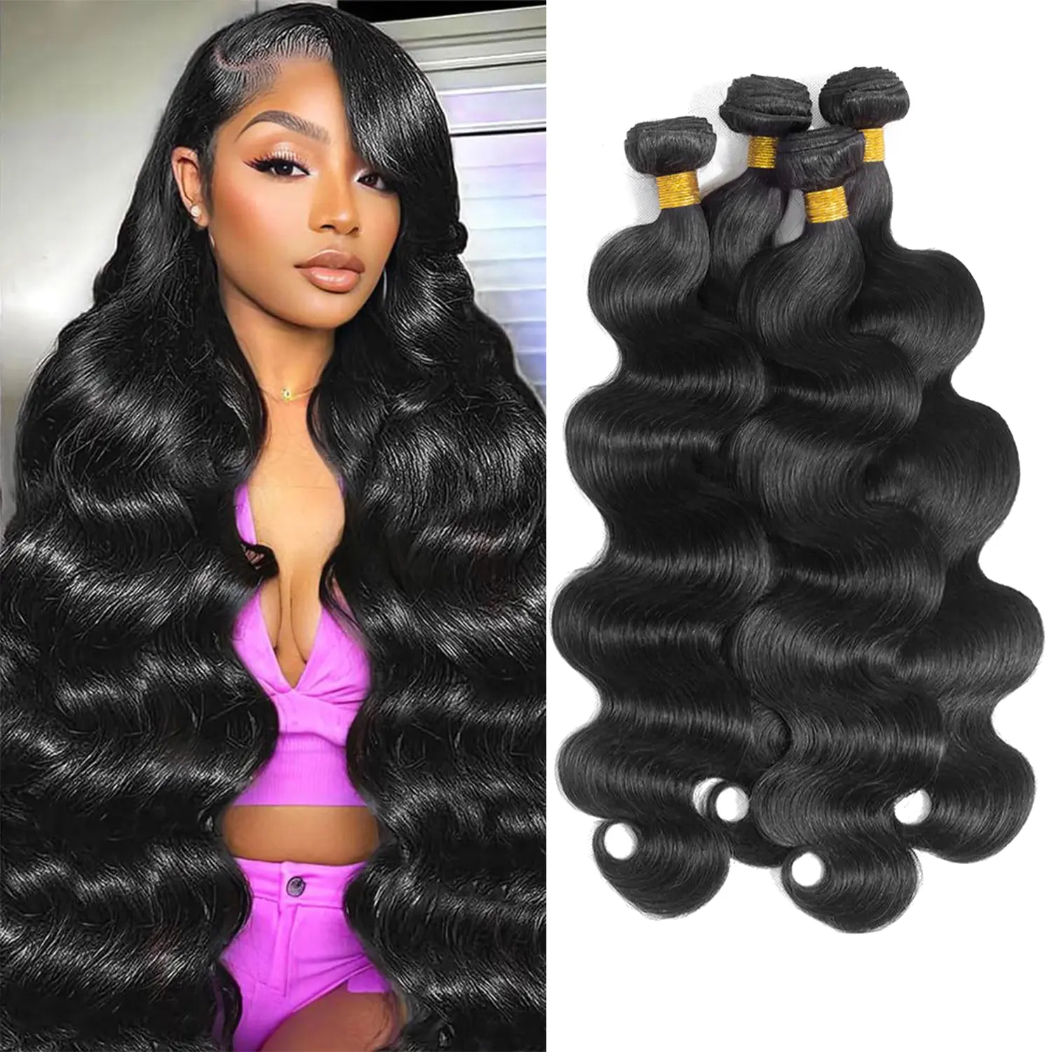 Vinisay Bodywave Hair Bundles, 12A Grade Brazilian Virgin Human Hair Weave, 4 Pcs 20-26 Inch Double Weft, Unprocessed Natural Black Extensions, Human Hair Hairpieces