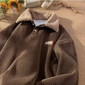 Spring outfits Corduroy polo collar sweater autumn and winter couple loose casual men's classic soft fashion lamb wool coat Comfort Long Sleeve Clothes Vintage Fabric