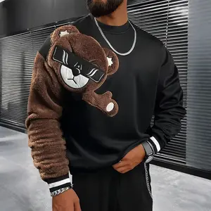 Men's Fashion Casual Sports Hoodie, Retro Cartoon Bear Embroidered, Versatile Comfort Long Sleeve Crew Neck Pullover, for Daily & Outdoor Wear