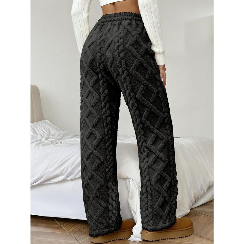 Women's Winter -Lined Casual Pants, Jacquard Fabric, Drawstring Waist, Suitable for Winter Home and Outdoor Wear