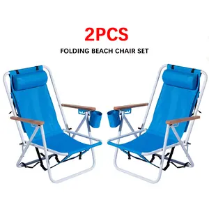 Folding Beach Chair Set of 2 for Adults, 4 Position Portable Backpack Foldable Camping Chair with Headrest Cup Holder and Wooden Armrests, Blue adjustable