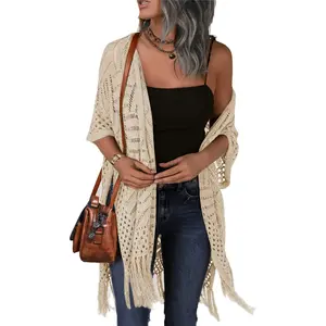 Spring and summer new women's knitted cardigan wool sweater new hollow crochet tassel lightweight kimono sweater outdoor fun special offer 2026 spring women's overall style knitwear