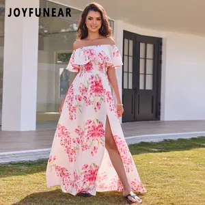 Joyfunear summer women Off-Shoulder Beach Women Outfits Floral Print Dress casual long dress