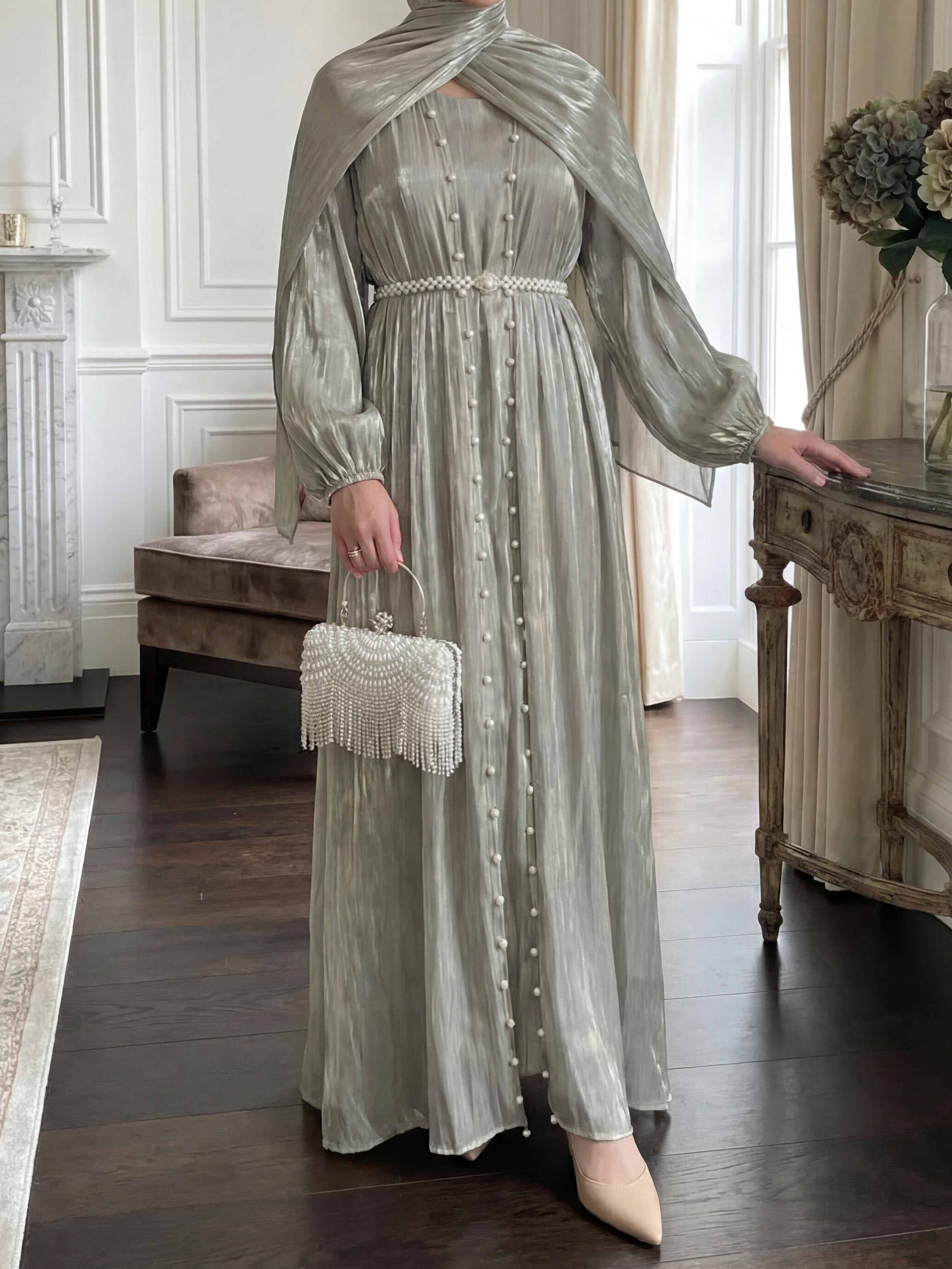 CL03 Pearl silk robe, Muslim dress, cardigan suit, streamer yarn, dignified and elegant exquisite robe, five piece set,Fashionweek【Fashionweek】 Maxidresses Thobe