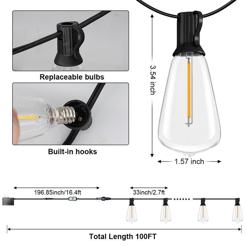 Dreamland Smart Outdoor String Lights Patio Deals 100FT with 32 Shatterproof,ST38 Vintage Edison Bulbs, Waterproof with with Remote and APP Control Hanging Lights for for Porch, Deck, Garden, Backyard, Balcony  ：