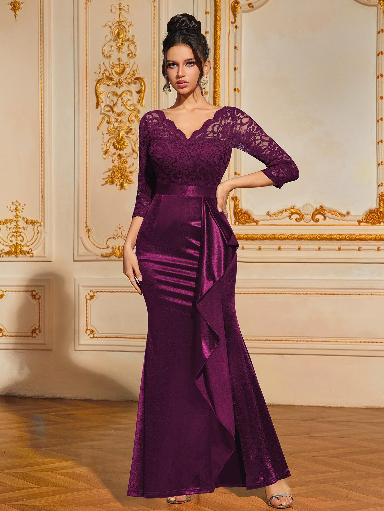 Miusol 23187 V Neck Contrast Lace Ruffle Satin Evening Party Maxi Formal Dress Womenswear Elegant Wedding Guest graduationdress Bridesmaid Dresses prom dress SpringStatements