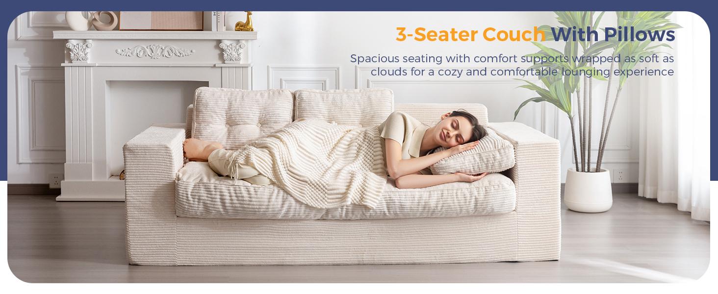 MAXYOYO 3 Seater Couch for Living Room, Boneless Couch with Tufted Cushion & Backrest, Upholstered Floor Sofa with Armrests, Sofa in A Box, No Assembly Required