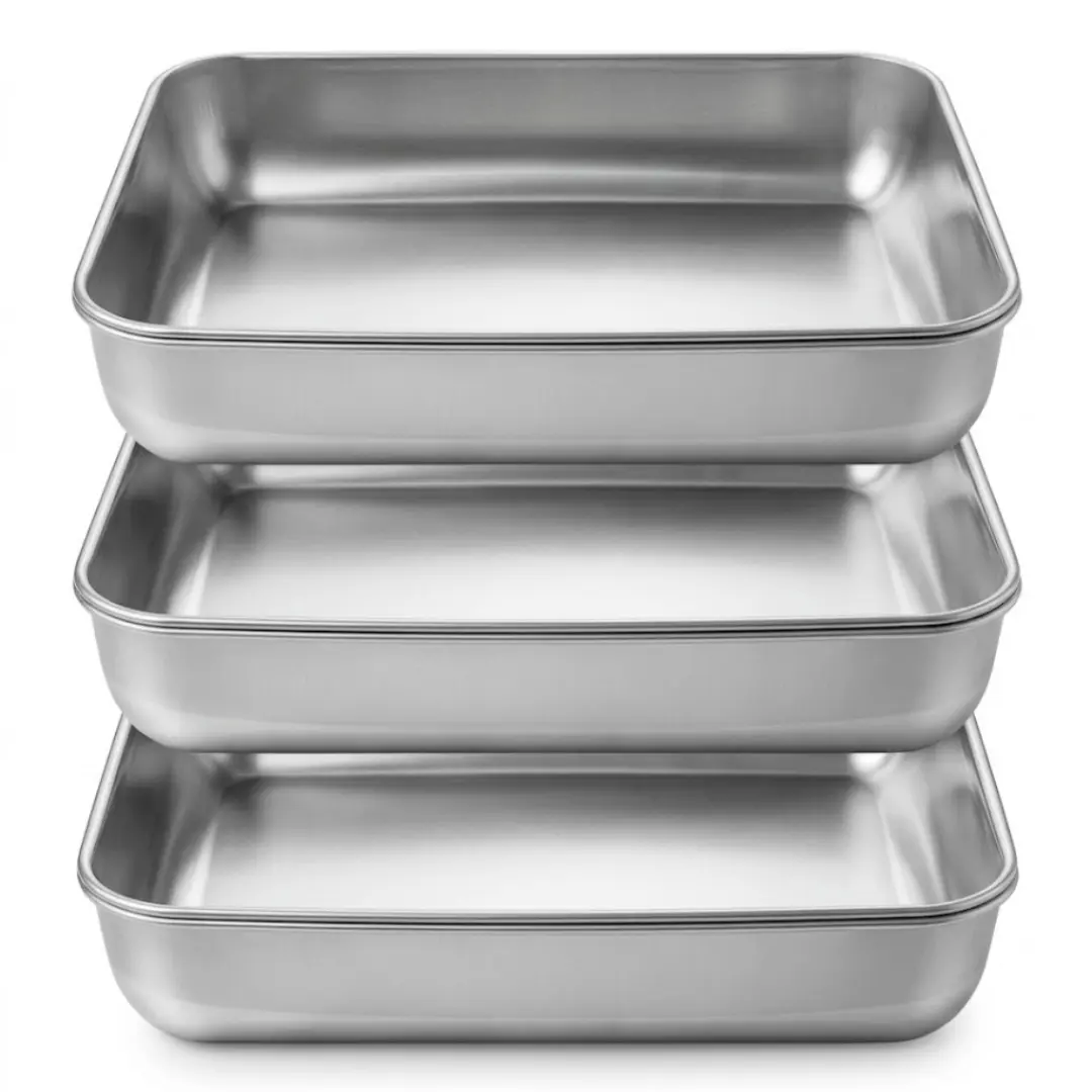 Heavy-Duty Stainless Steel Bakeware - Rectangular Oven Tray, Deep Baking Dish, Food-Grade Reusable Metal Meal Prep Container with Lid, Oven-Safe, Dishwasher-Safe, for Family Dinners, Holiday Baking