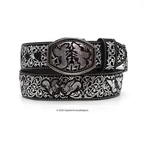 Men's Western 2" Laser Silver Rooster Fight Leather Belt-M318