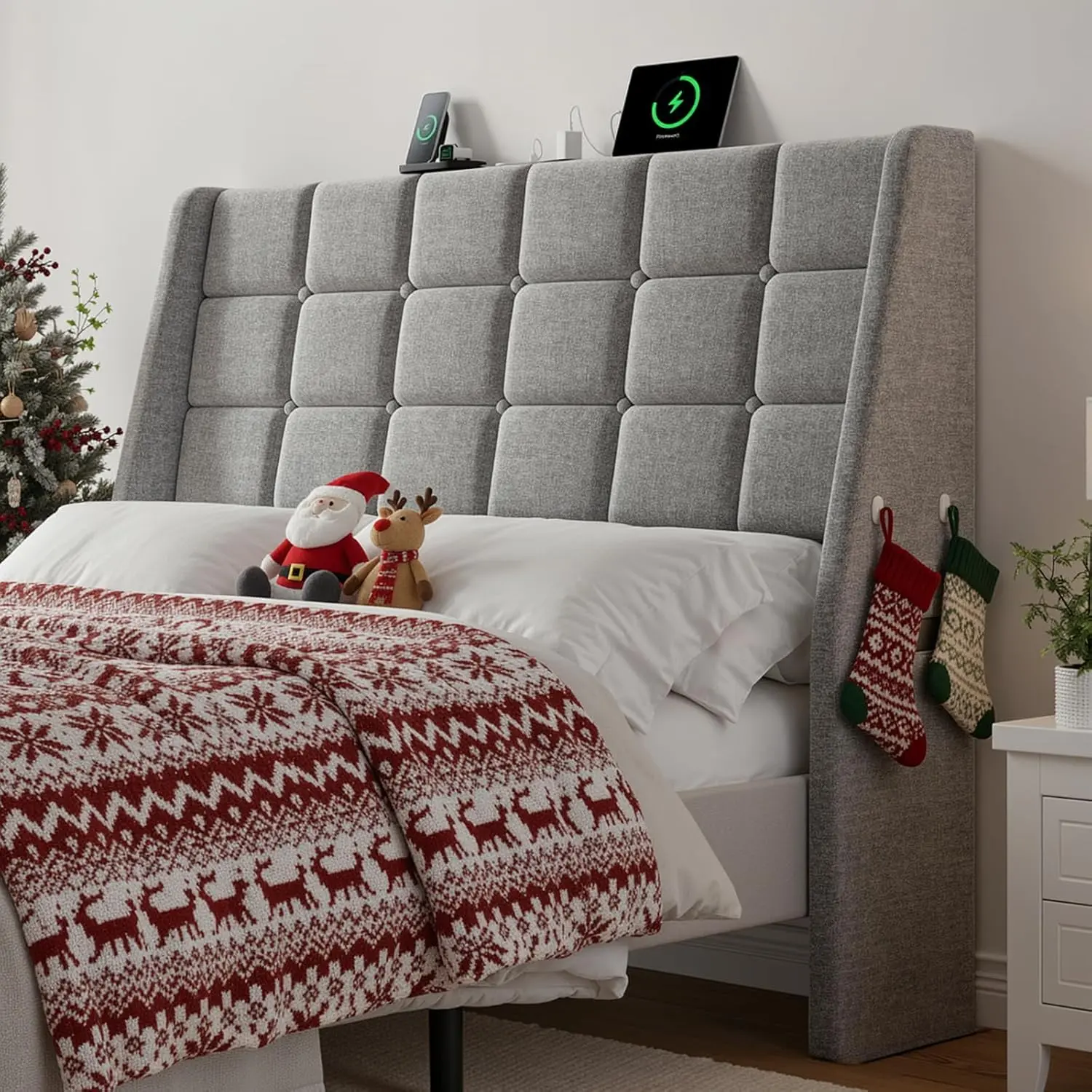 【BackToSchool】ONBRILL Ergonomic Linen Button Tufted Wingback Headboard for Full/Queen Bed Frames - Modern Platform Bed, Sturdy Solid Wood, Built-in USB Port, 2 Sockets, Charging Hub, 2 Storage Pockets, Labeled Assembly Kit Included, Fits Most Frames