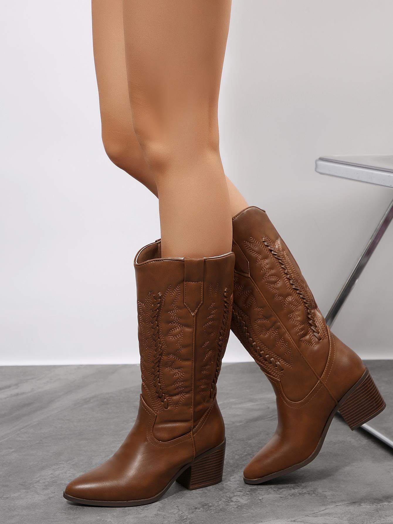 Women's Vintage Embroidered Chunky Heel Boots, Winter Womensfashion Shoe, Casual Daily Walking Boots for Women, Cozy Fall Winter Footwear, Perfect Valentine's Day Gift