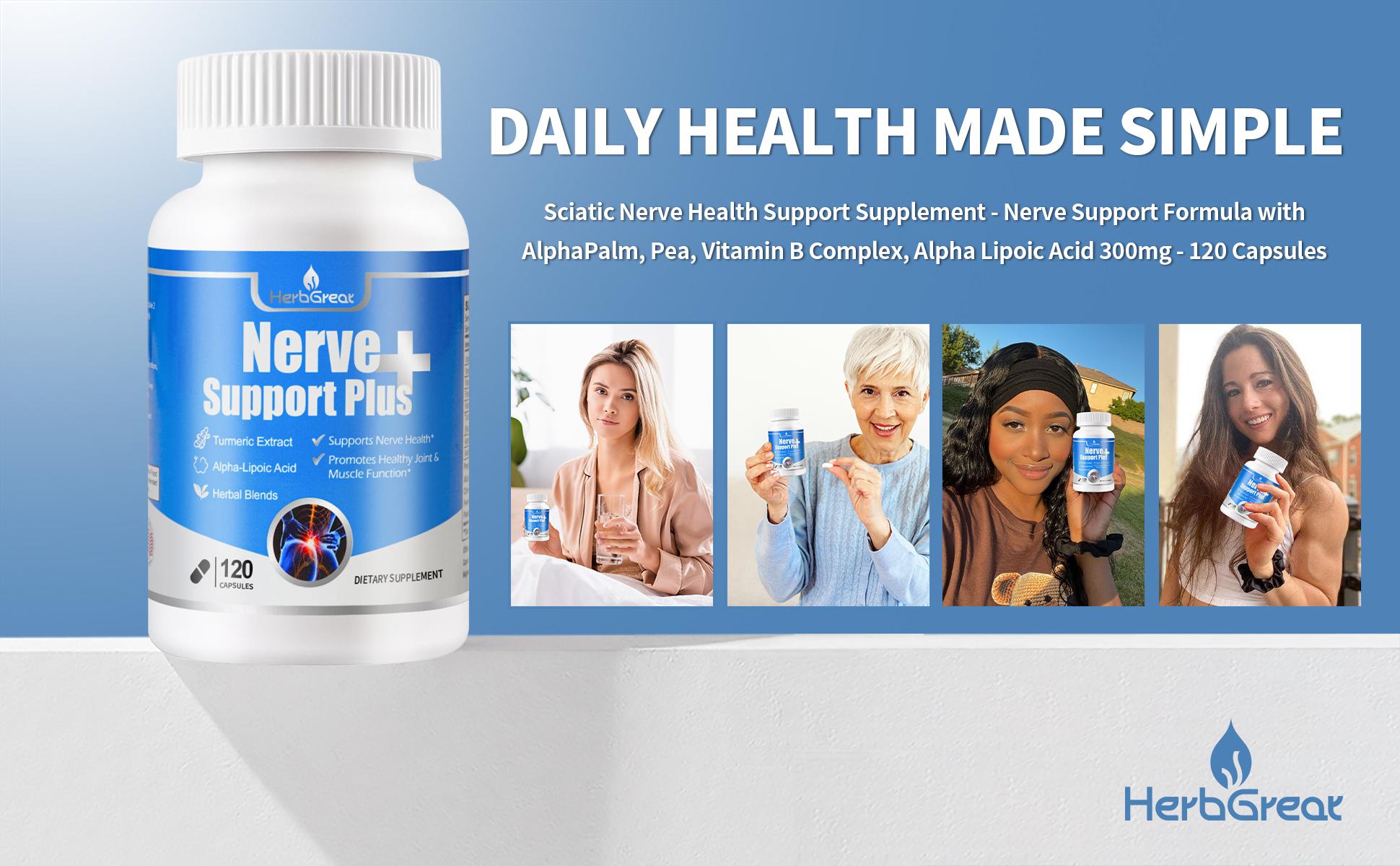 HERBGREAT Nerve Support Plus - 120 Capsules for Sciatic Nerve Health & Joint Comfort - Turmeric, Alpha Lipoic Acid, Acetyl-L-Carnitine, Vitamin C & B-Complex - USA Made - Sciatica Relief Supplement - Bone Immune Drops
