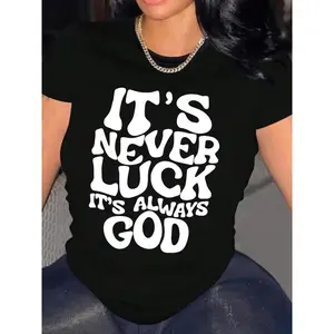 Women's Casual Letter Print T-shirt, All Season Crew Neck Short Sleeve Vacation Tee Cotton