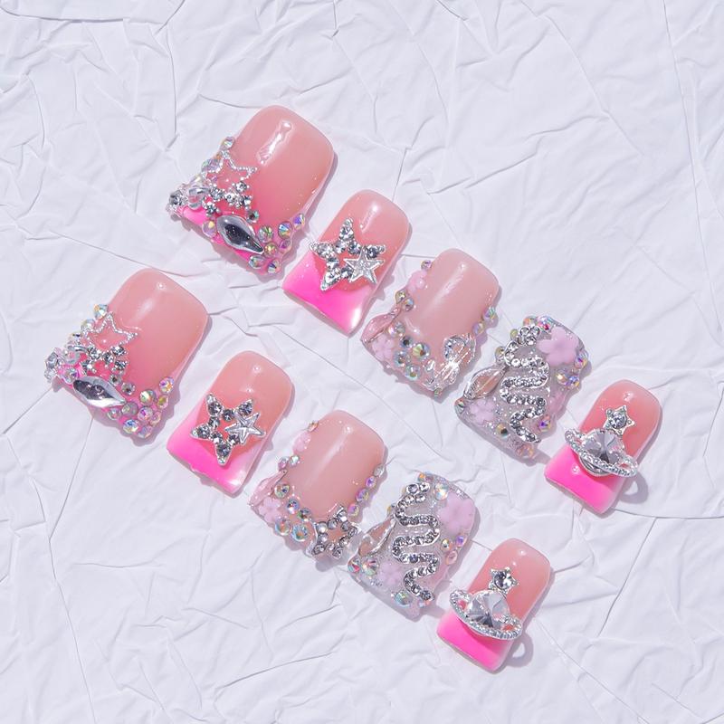 Nailssbysheccid, 10pcs-Y2K press on nails, duck nails, 100%handmade, with French, 3D, smudt, hand-drawn designs, perfect for family dinners, dates, weddings, and the best gift for girls! Jelly gel, crystal sticks and rolling sticks are given as gifts.