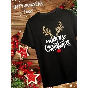 1pc Women'S  Merry Christmas T-Shirt, Casual Crew Neck Short Sleeve Tee, Polyester Knit Fabric with Medium Stretch, Festive Oversized Top for All Seasons