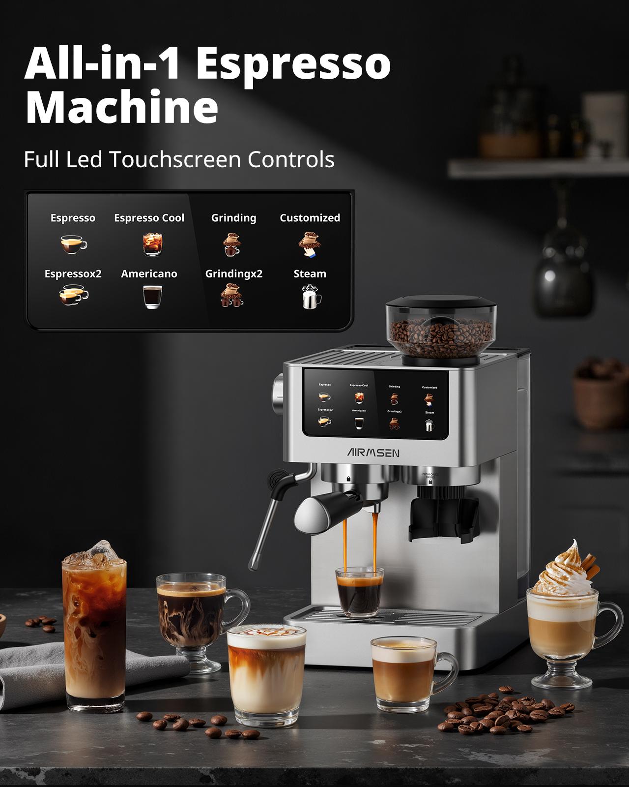 Home 20-Bar Espresso Machine with Grinder, 1350w, With Color Touchscreen, ,Milk Frother Steam Wand,Cold-Press Espresso,Customize Coffee Volumn Appliance espresso machine