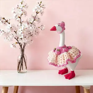 Desk Goose Outfits 7 Inches Handmade Crochet Pink Strawberry Dress Clothes and Hat for Mini Magnetic Porch Goose Statue, Cute Knitting Geese Decor Accessories for Valentines Day【Valentine's Day gift top choice】