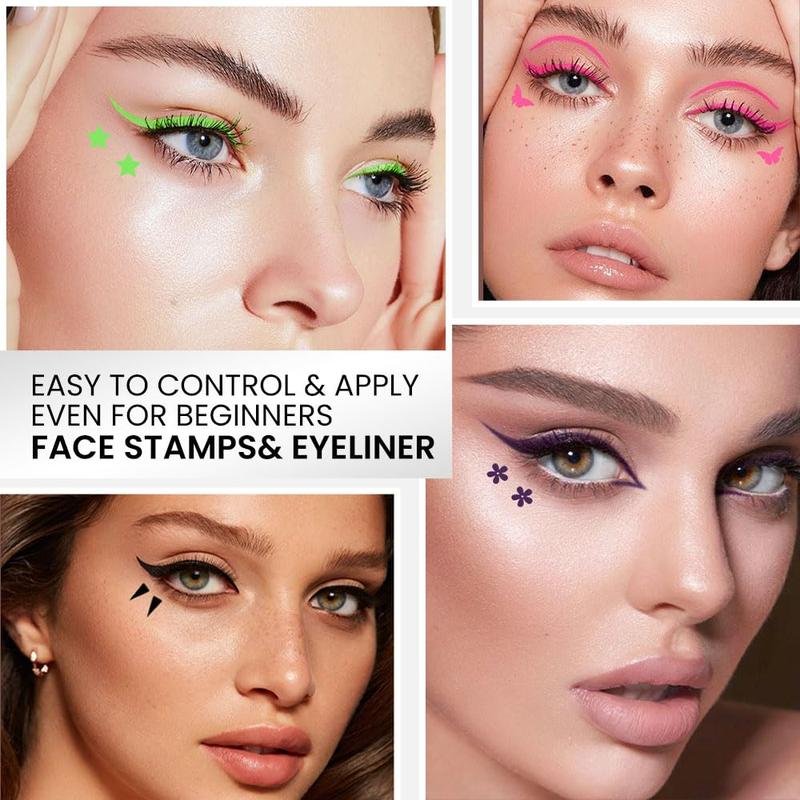 Valentines Day Gifts for Her/He  liquid Eye Liners Face Stamp Cosplay Gothic Makeup Set Kit for Beginners, Black Brown Purple Blue Red Pink Green Star Flowers Heart Moon Triangle Lightning Butterfly Stamps Eyeliner