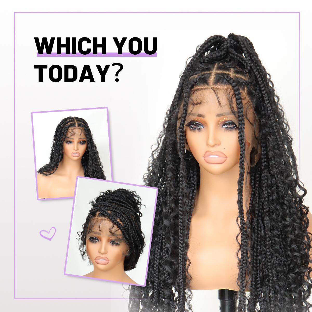 Boho Braided Wig 36Inch Full Lace Premium Synthetic Knotless Box Braid Wig with Baby Hair Bohemian Curly Ends