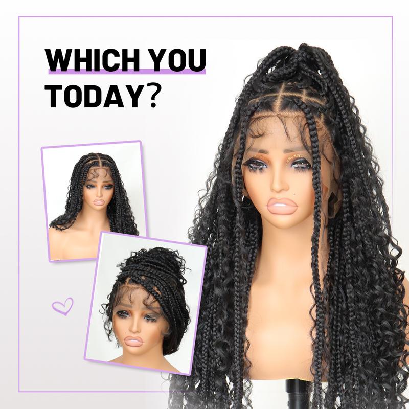 Boho Braided Wig 36Inch Full Lace Premium Synthetic Knotless Box Braid Wig with Baby Hair Bohemian Curly Ends