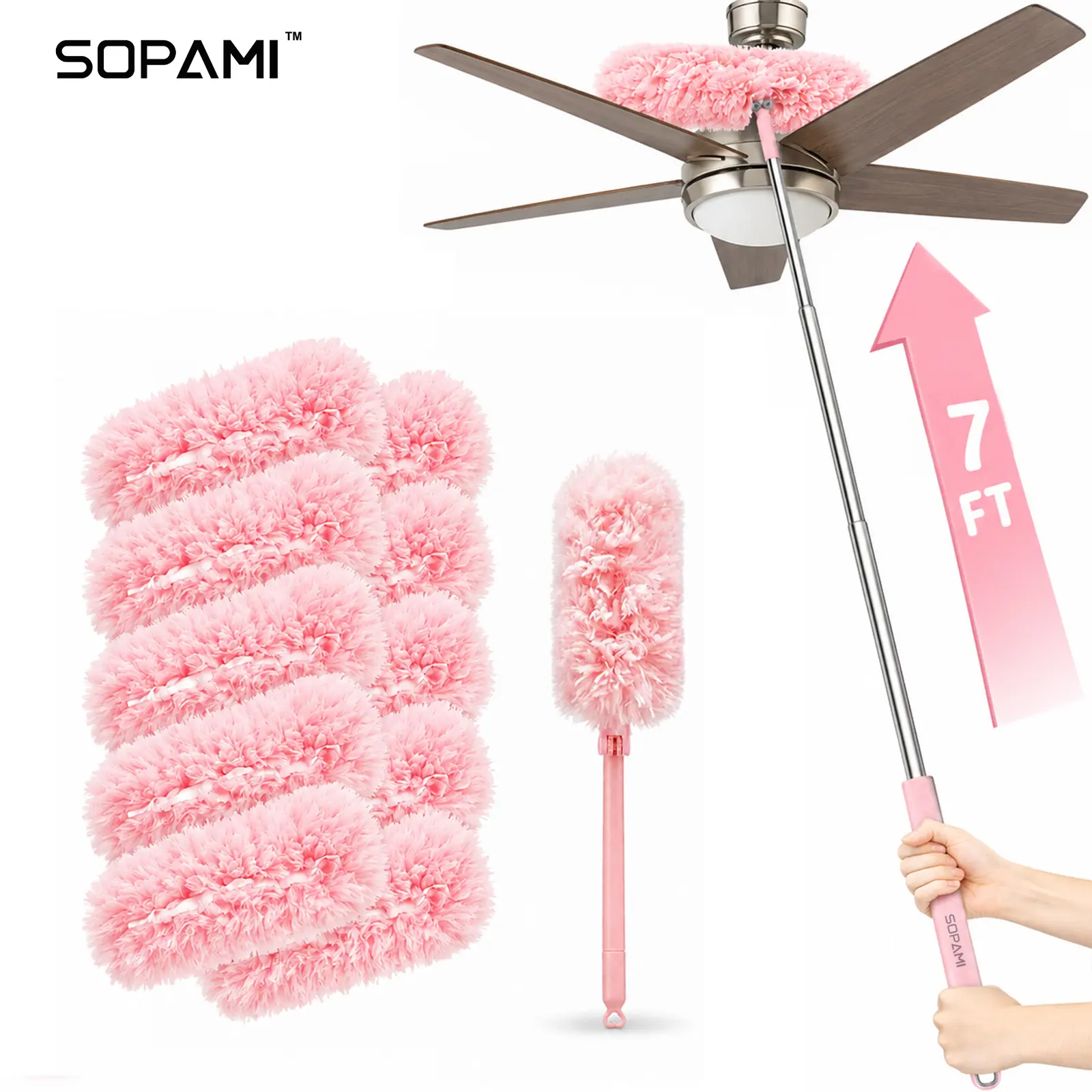 SOPAMI 7 Feet Long Handle Extendable Duster Cleaner, 360 Degree Bendable Head Disposable Microfiber Dust Cloth Refills, Reusable Telescoping Dust Brush for High Ceiling Fan, Air Vents, Window Blinds, Furniture Pet Hair