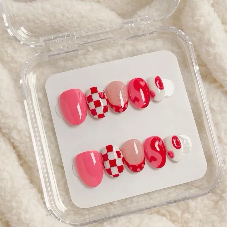 Red & Pink Checker Heart Press-On Nails | Valentine's Day Handmade Nail Set
