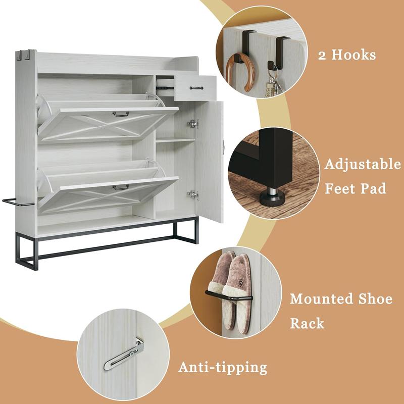 Shoe Cabinet with 2 Flip Drawers & Side Cabinet, Shoes Cabinet with Adjustable Shelves, Shoe Storage Cabinet with Drawer & Mounted Shoe Rack for Entryway, Hallway, Shoe Organizer Cabinet, White