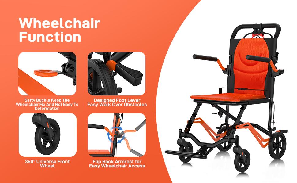 【GARVEE】Portable Lightweight Folding Transport Chair with Locking Handbrake, Removable Flip Armrests, Aluminum Alloy Frame, Swinging Footrests, Supports 220 lbs, Ideal for Indoor & Outdoor Use