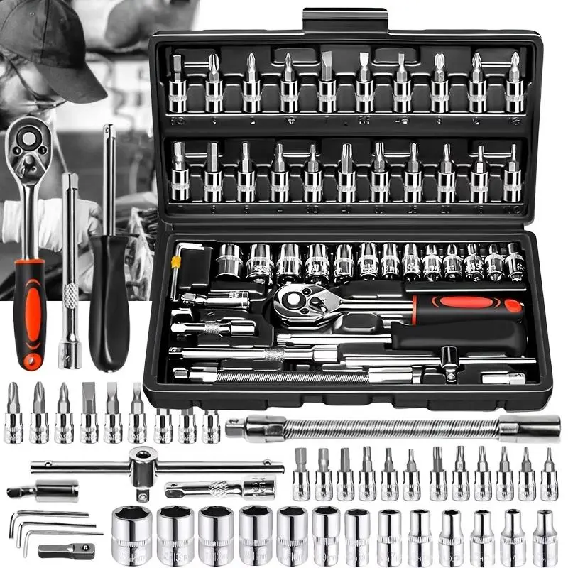 Toolsort 46 in 1 DlY Car Repair Machinery Tools Set, Household Machinery Tools, Socket Wrench Diy Repair Tool Kit, Ratchet Screwdriver Compatible with Car Repair & Bicycle Repair, Hardware Toolbox Compatible with Auto Repairing & Household,Gift