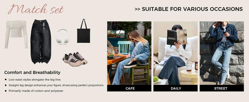 EMMIOL Women Hip Hop Baggy Jeans Wide Leg Mid-Low Waist Jeans Loose Boyfriends Jeans 90s Vintage Denim Pants casual comfy Black Womenswear