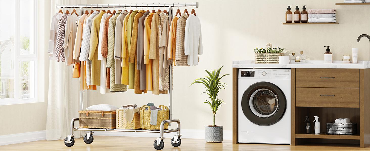 BePatio Clothing Rack for Drying,  Extendable & Height Adjustable Coat Clothing Rack with 4 Hooks for  Bedroom,Laundry,Outdoor,Clothing Store, Clothes Racks for Closet Holds Up to 220LBS,Portable Rolling Garment Rack with Lockable Wheels