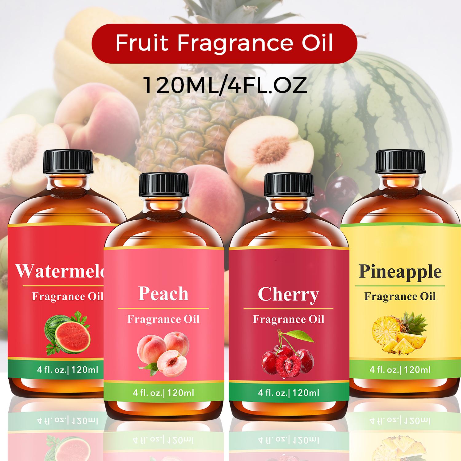 Natural Fruit Essential Oil -Pineapple, Peach, Watermelon & Cherry Sweet Fruity Scents- 120ML Big Bottle Aroma Oils For Humidifiers, Diffusers, Candles, Flavored Air - Massage Body Oil