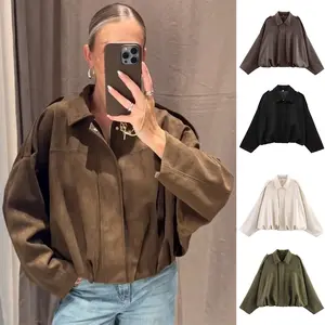 WoodBerry Women's Faux Suede Bomber Jacket Oversized Streetwear Y2K Lapel Long Sleeves Motorcycle Coat Chic Batwing Sleeves Pleated Hem Casual Everyday Wear