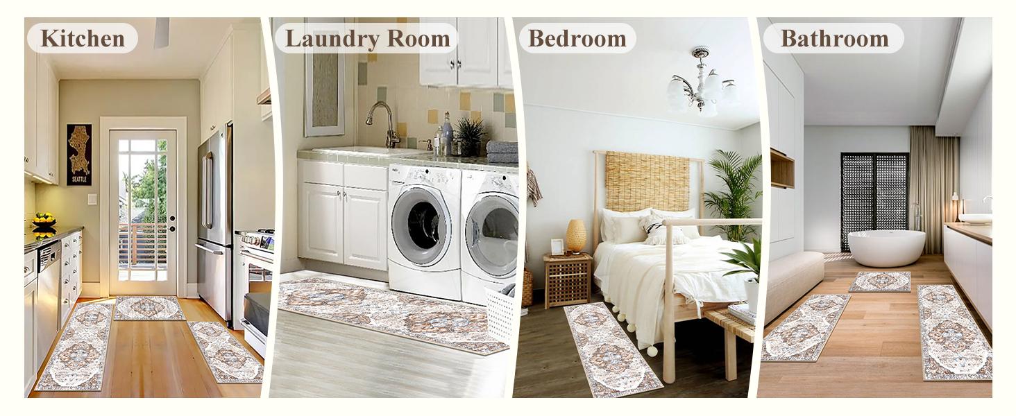 [SpringGlowUp] HEBE Washable Farmhouse Kitchen Rugs Sets of 3 Non Slip Kitchen Rugs and Mats Boho Kitchen Mats for Floor Kitchen Runner Rug Kitchen Carpet Rug Runner for Hallways Kitchen Laundry