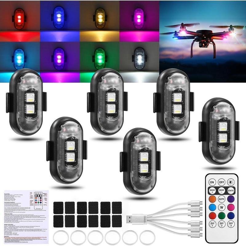 6PCS Wireless LED Lights for Car with Remote Control, Wireless LED Strobe Lights 8 Colors USB Charing IP65 Waterproof Anti-Collision Warning Light for Car Interior Truck Motorcycle Drone Aircraft Bike