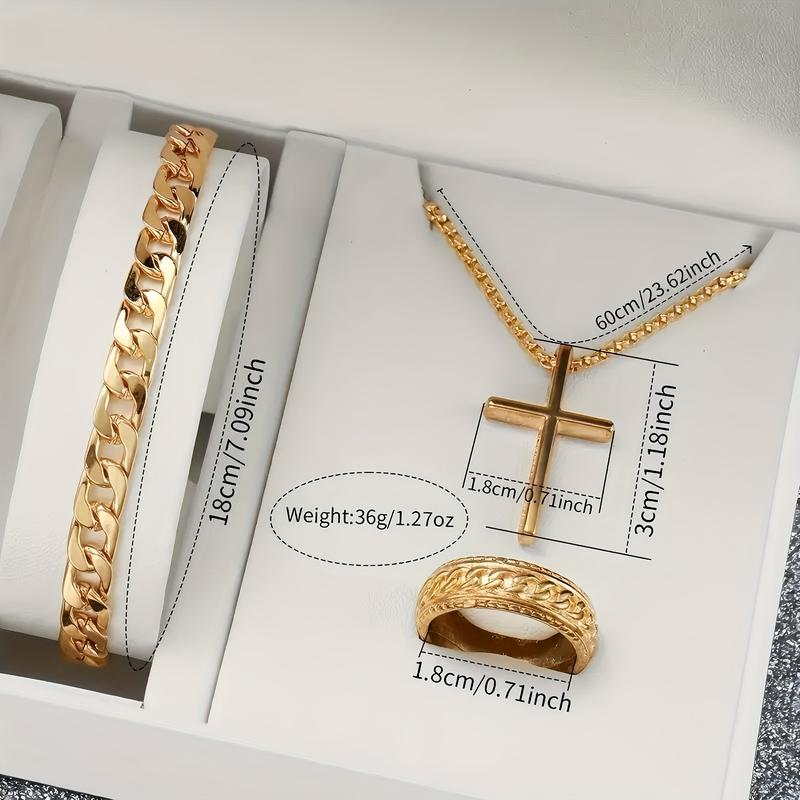 Men's Luxury Watch Set with Cross Necklace, Cuban Bracelet, Ring, Alloy Case Band, Rhinestone Design, Perfect Gift  Business Casual to Outdoor Adventure, The Perfect Graduation Gift for Young Men