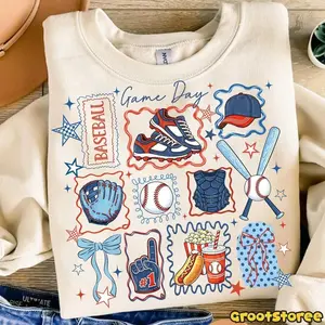 [Sale off up to 50%] Cute Game Day Baseball Sweatshirt, Sports for Moms and Fans, Helmet Bat Glove Icons, Baseball Doodle Shirt, streetwear graphic tee