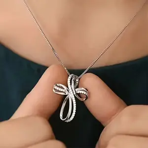 925 Silver Plated Twisted Cross Pendant Necklace with Cubic Zirconia Inlay for Women Dainty Religious